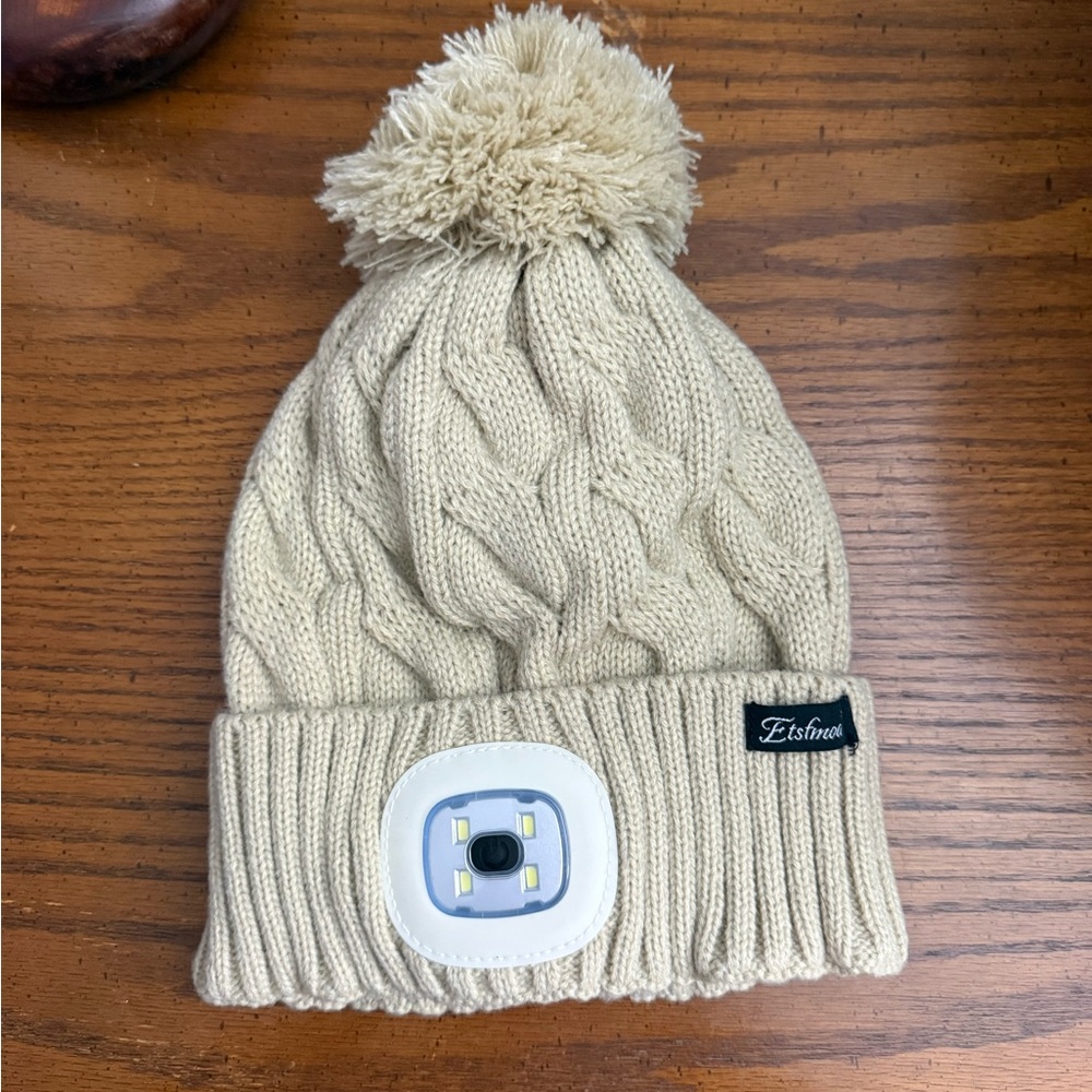 Beige Knit Beanie with Pom and LED Light